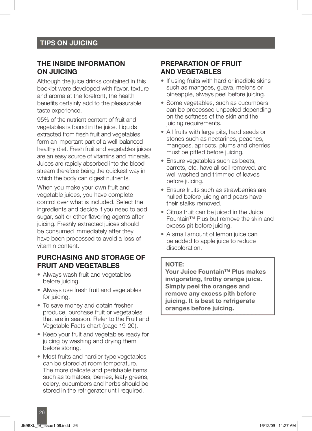 Breville JE98XL manual Inside information on juicing, Purchasing and storage of fruit and vegetables 