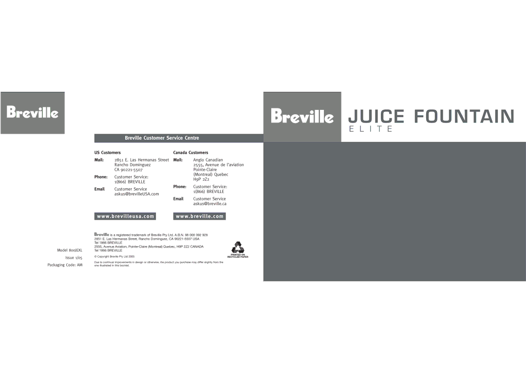 Breville JUICE FOUNTAIN ELITE manual Juice Fountain 