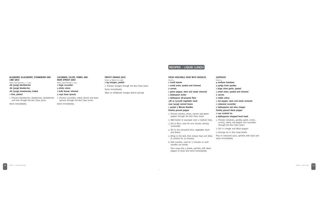 Breville JUICE FOUNTAIN ELITE manual Recipes Liquid Lunch, Lime Juice Bean Sprout Juice, Frothy Orange Juice, Gazpacho 