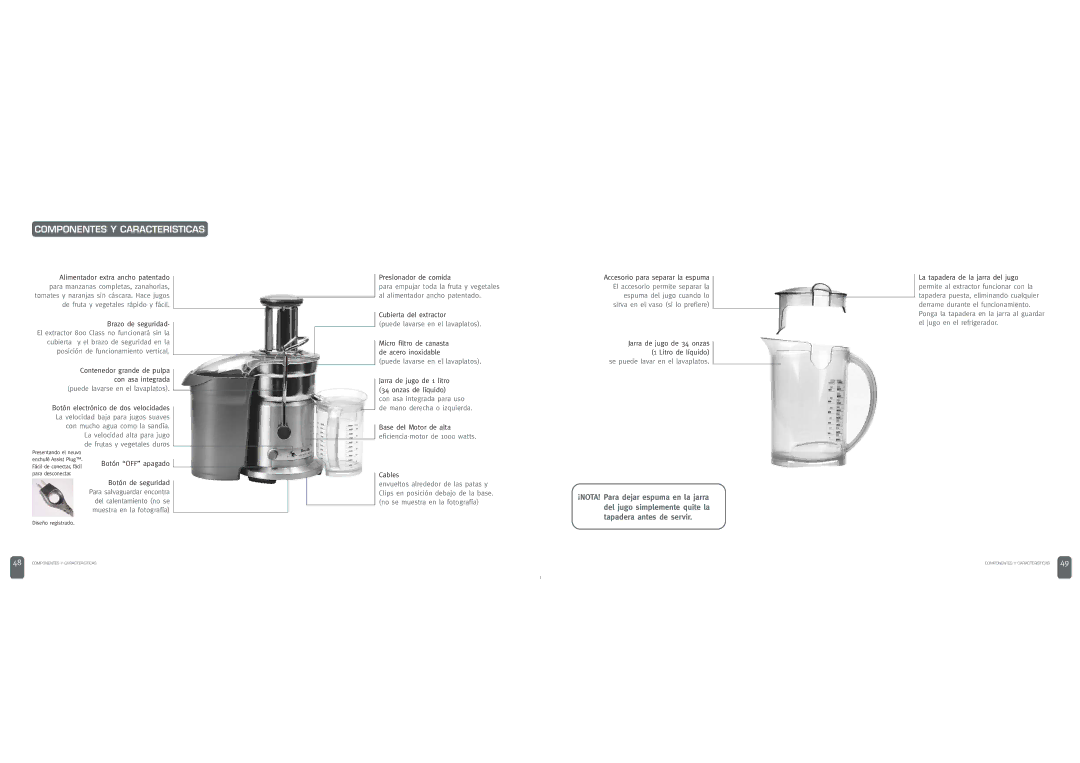 Breville JUICE FOUNTAIN ELITE manual Componentes Y Caracteristicas 