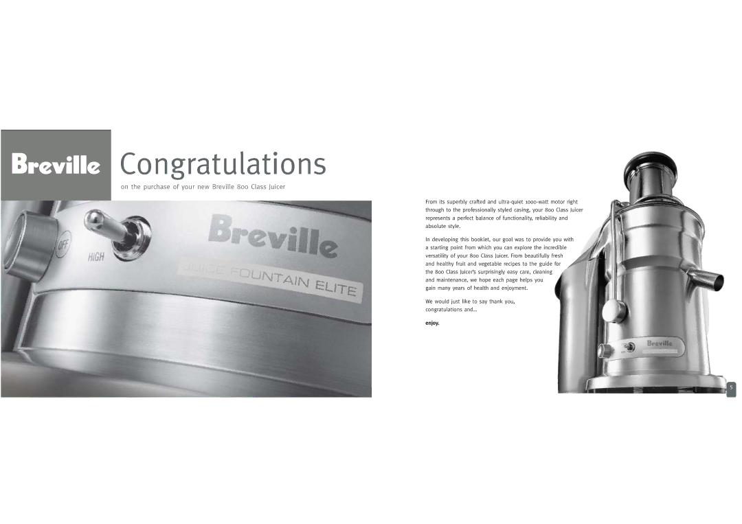 Breville JUICE FOUNTAIN ELITE manual Congratulations 