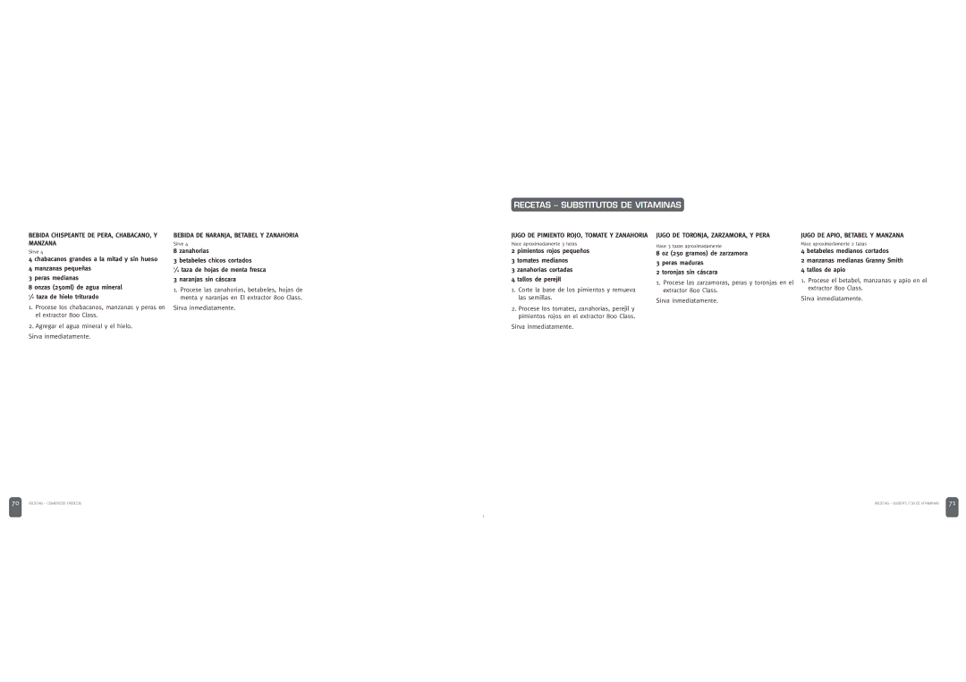 Breville JUICE FOUNTAIN ELITE manual Recetas Substitutos DE Vitaminas, Bebida Chispeante DE PERA, CHABACANO, Y Manzana 