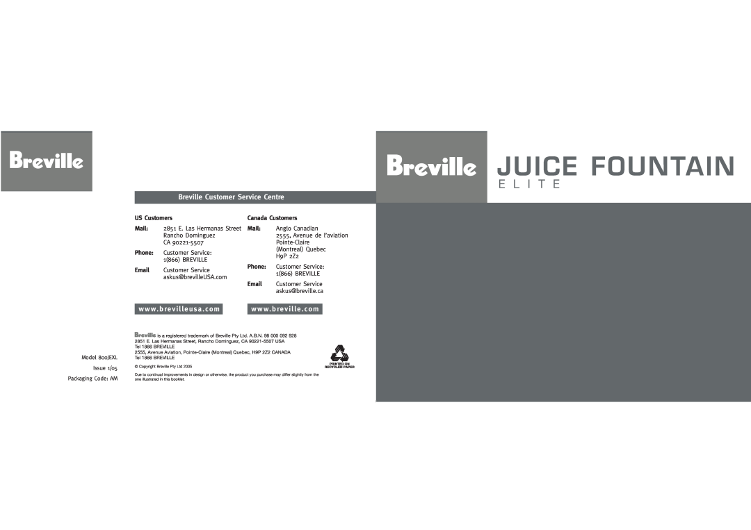 Breville JUICE FOUNTAIN ELITE manual Juice Fountain, E L I T E, Breville Customer Service Centre, US Customers, Mail 