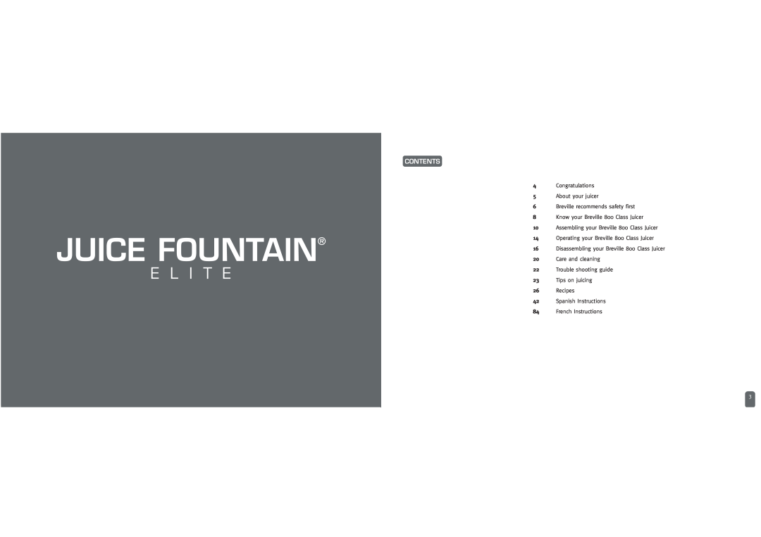 Breville JUICE FOUNTAIN ELITE manual Juice Fountain, E L I T E, Contents 