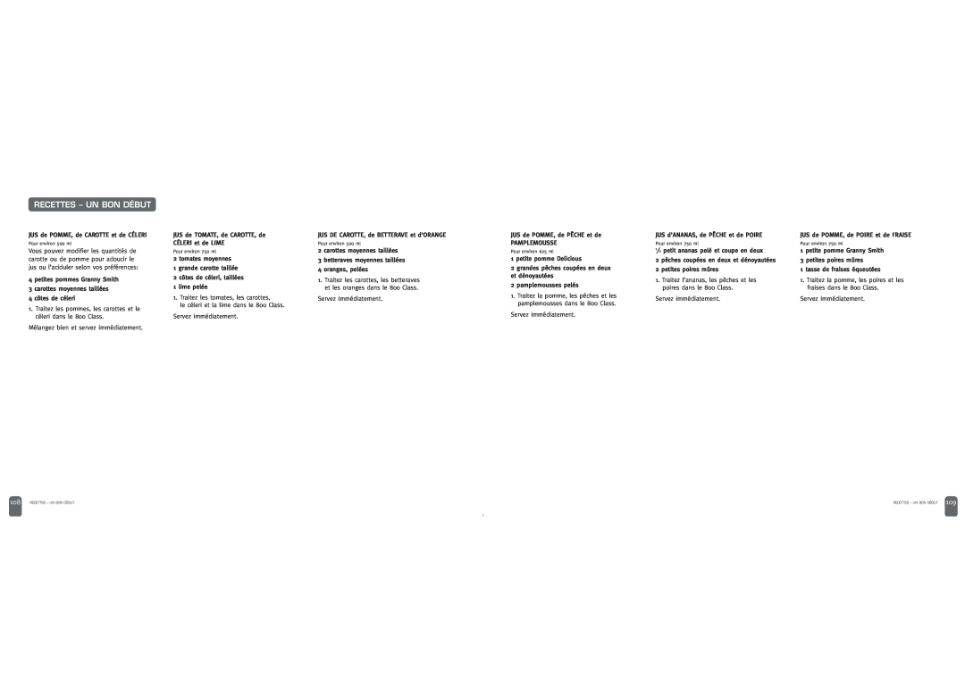 Breville JUICE FOUNTAIN ELITE manual Recettes - Un Bon Début, JUS de TOMATE, de CAROTTE, de CÉLERI et de LIME 