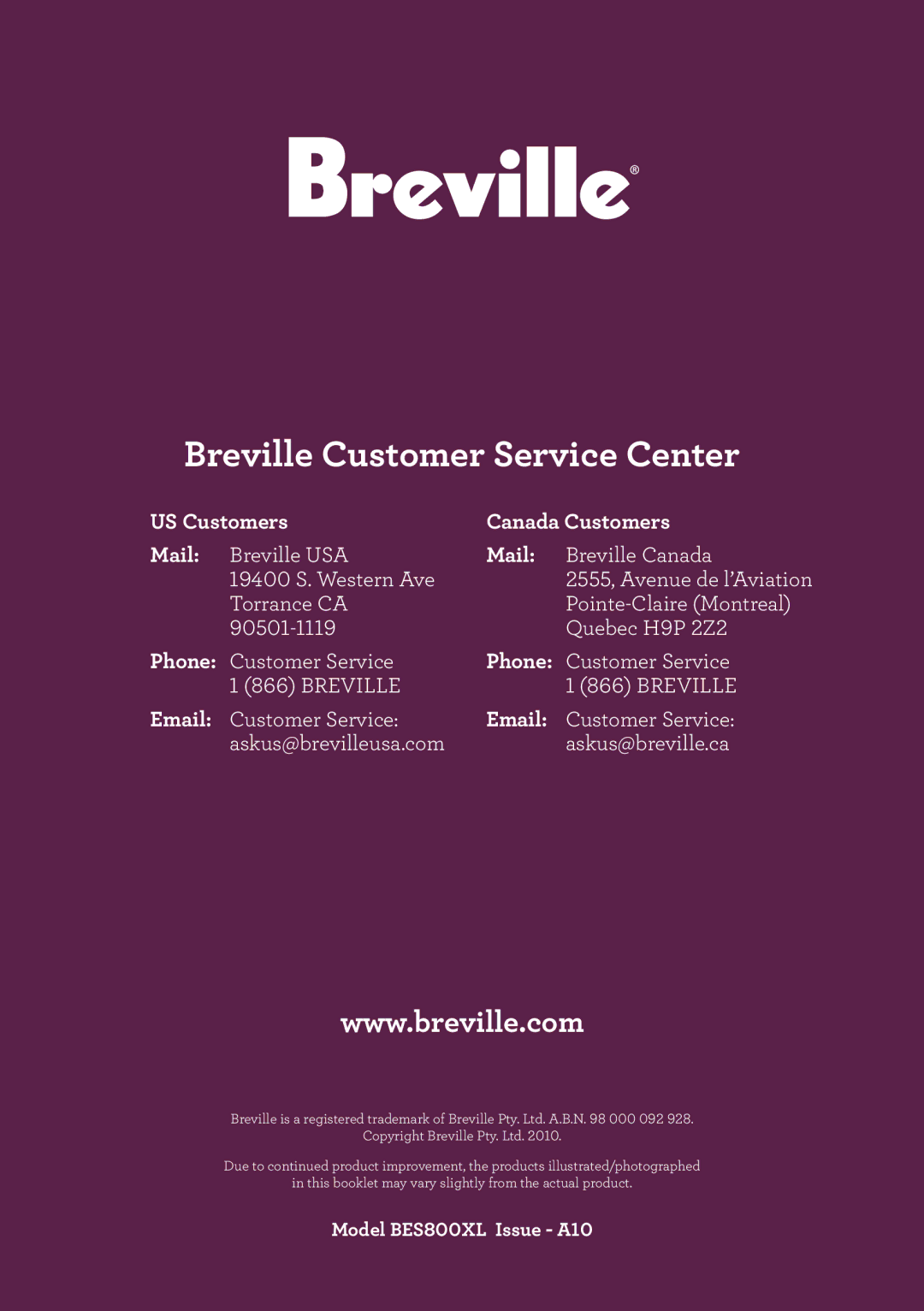 Breville ME 67 manual Breville Customer Service Center 