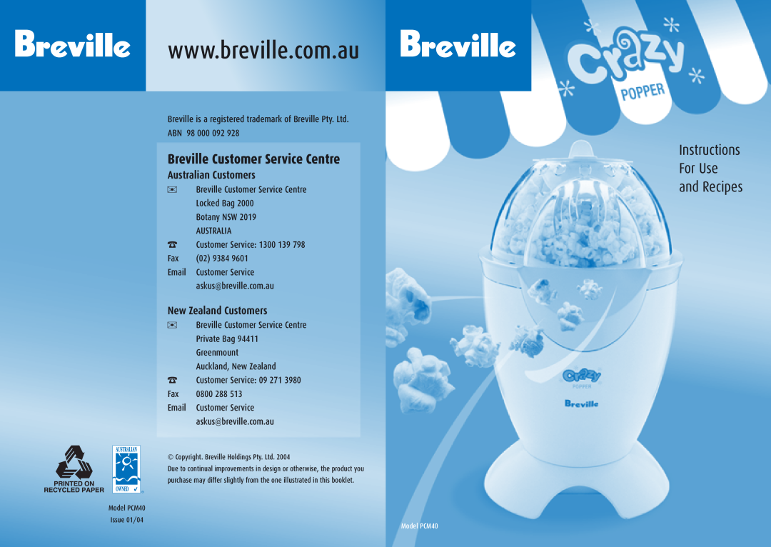 Breville PCM40 manual Instructions For Use and Recipes, Breville Customer Service Centre, Australian Customers 