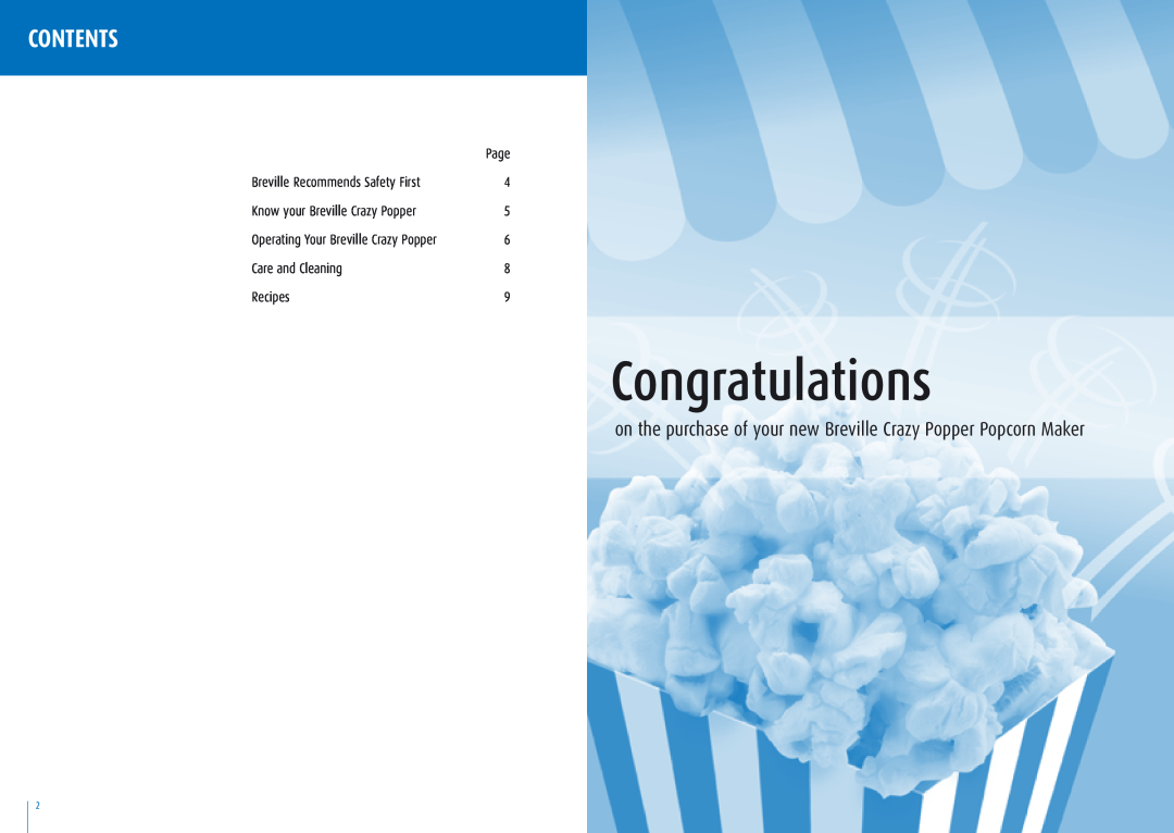 Breville PCM40 manual Congratulations, Contents, on the purchase of your new Breville Crazy Popper Popcorn Maker 