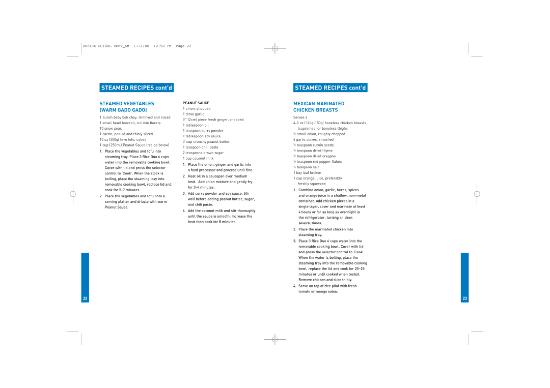 Breville RC16XL manual Steamed Recipes cont’d, Mexican Marinated Chicken Breasts, Steamed Vegetables Warm Gado Gado 