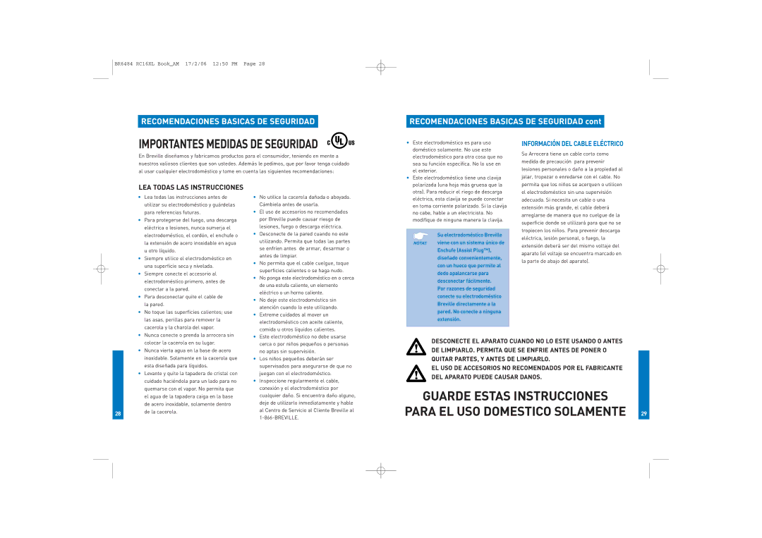 Breville RC16XL manual Recomendaciones Basicas DE Seguridad, Información DEL Cable Eléctrico 