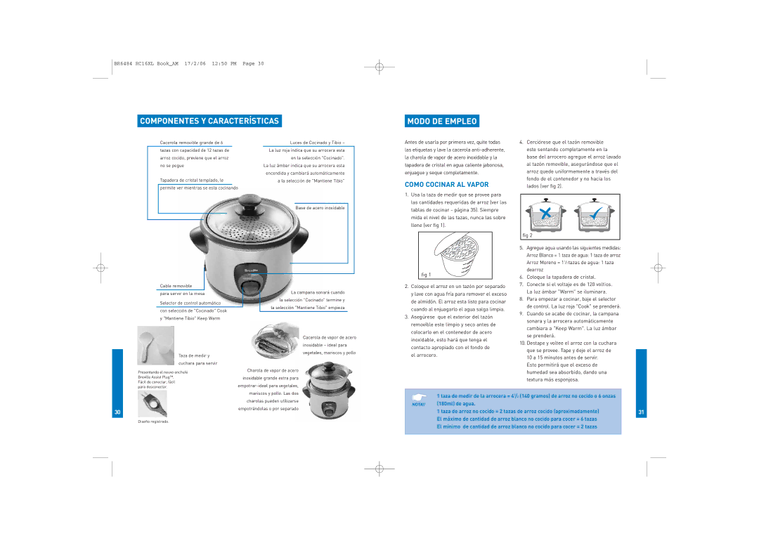 Breville RC16XL manual Componentes Y Características Modo DE Empleo, Como Cocinar AL Vapor 