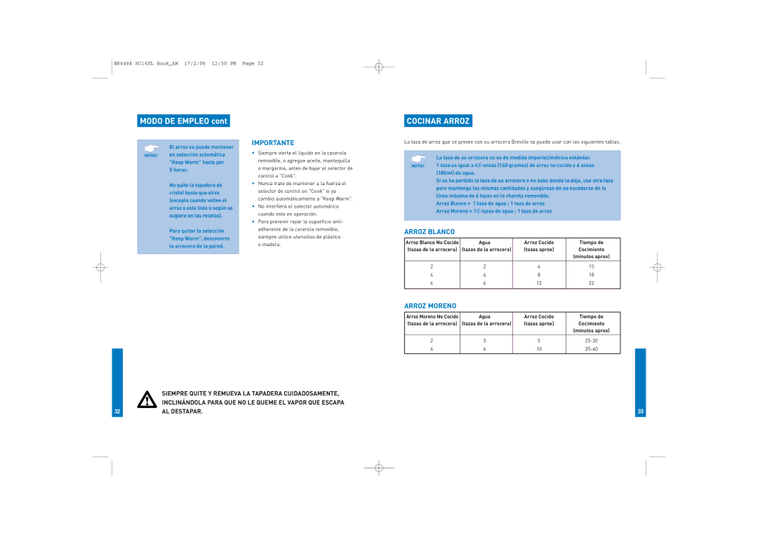 Breville RC16XL manual Modo DE Empleo, Cocinar Arroz, Importante, Arroz Blanco, Arroz Moreno 