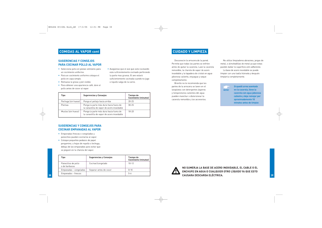 Breville RC16XL manual Cuidado Y Limpieza, Tipo Sugerencias y Consejos Tiempo de 