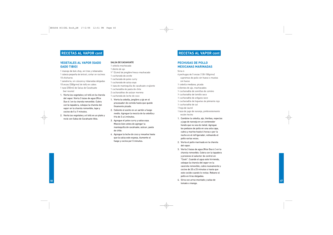 Breville RC16XL manual Vegetales AL Vapor Gado Gado Tibio, Pechugas DE Pollo Mexicanas Marinadas 