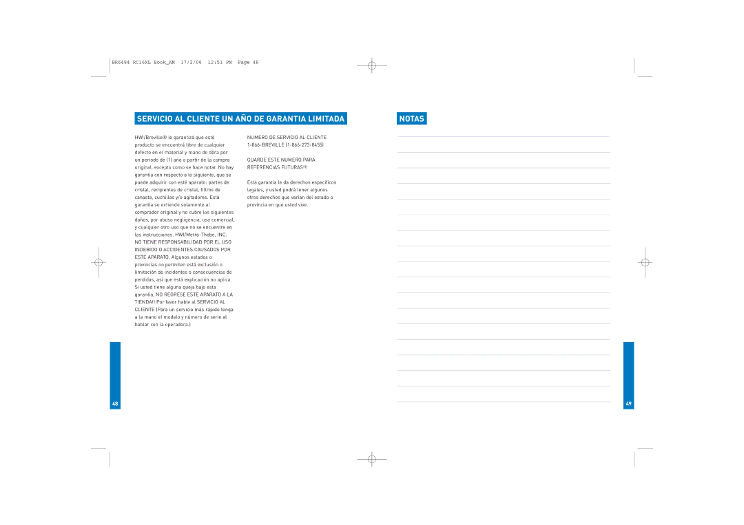 Breville RC16XL manual Servicio AL Cliente UN AÑO DE Garantia Limitada Notas 