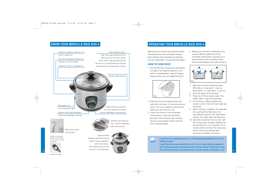 Breville RC16XL manual Know Your Breville Rice DUO Operating Your Breville Rice DUO, HOW to Cook Rice 