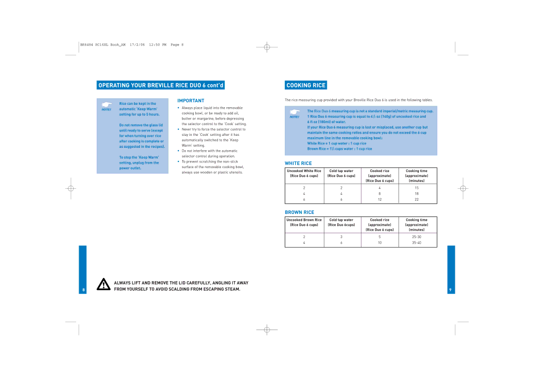 Breville RC16XL manual Operating Your Breville Rice DUO 6 cont’d, Cooking Rice, White Rice, Brown Rice 