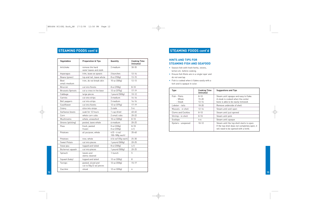 Breville RC16XL manual Steaming Foods cont’d, Hints and Tips for Steaming Fish and Seafood 