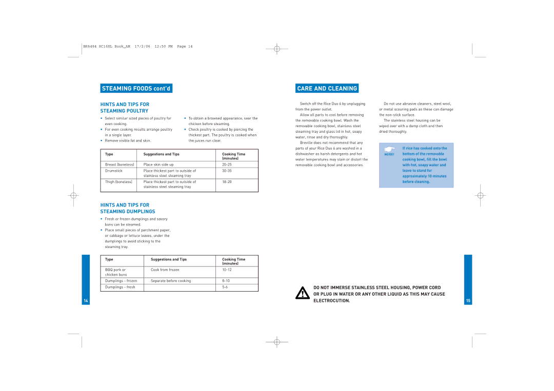 Breville RC16XL manual Care and Cleaning, Hints and Tips for Steaming Poultry, Hints and Tips for Steaming Dumplings 