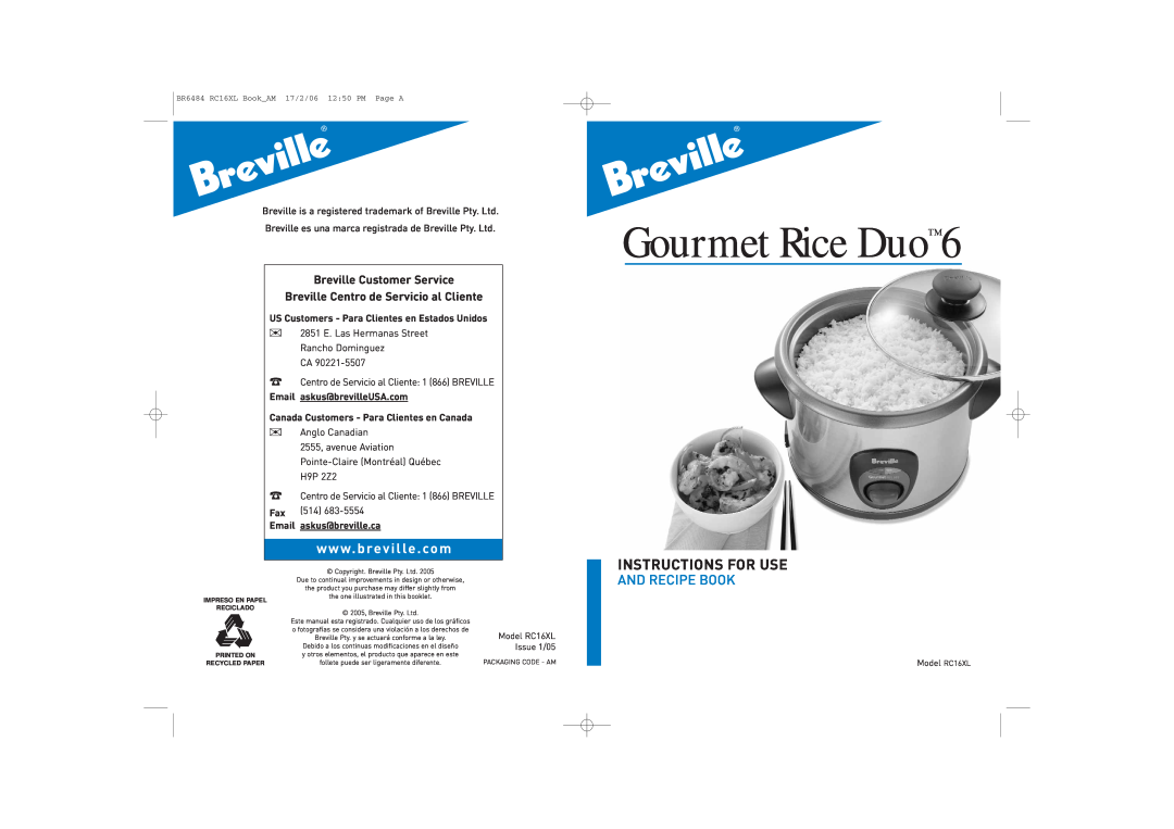 Breville RC16XL manual Gourmet Rice Duo6, Instructions For Use, And Recipe Book, Breville Customer Service, Fax 