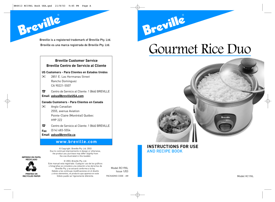 Breville RC19XL manual Gourmet Rice Duo 