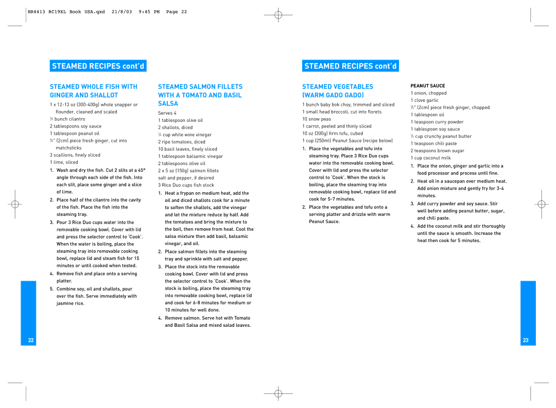 Breville RC19XL manual Steamed Recipes cont’d, Steamed Salmon Fillets with a Tomato and Basil Salsa 