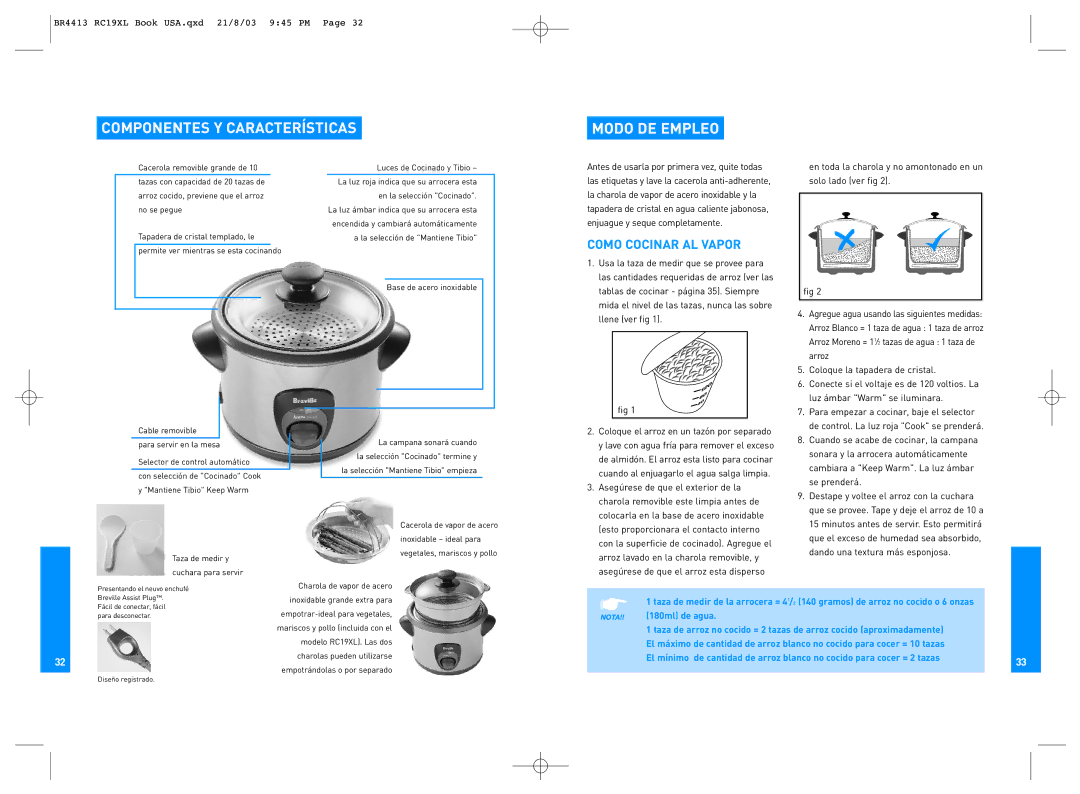 Breville RC19XL manual Componentes Y Características Modo DE Empleo, Como Cocinar AL Vapor 