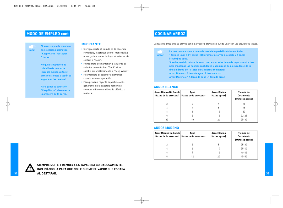 Breville RC19XL manual Modo DE Empleo, Cocinar Arroz, Importante, Arroz Blanco, Arroz Moreno 