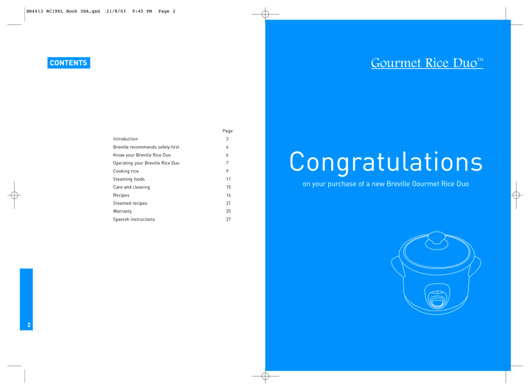 Breville RC19XL manual Congratulations, Contents 
