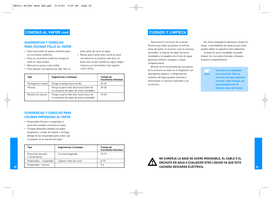 Breville RC19XL manual Cuidado Y Limpieza, Sugerencias Y Consejos Para Cocinar Pollo AL Vapor, Tipo 