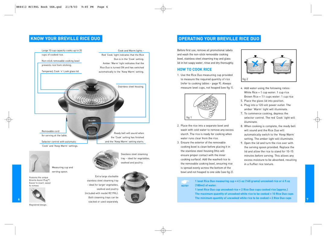 Breville RC19XL manual Know Your Breville Rice DUO Operating Your Breville Rice DUO, HOW to Cook Rice 