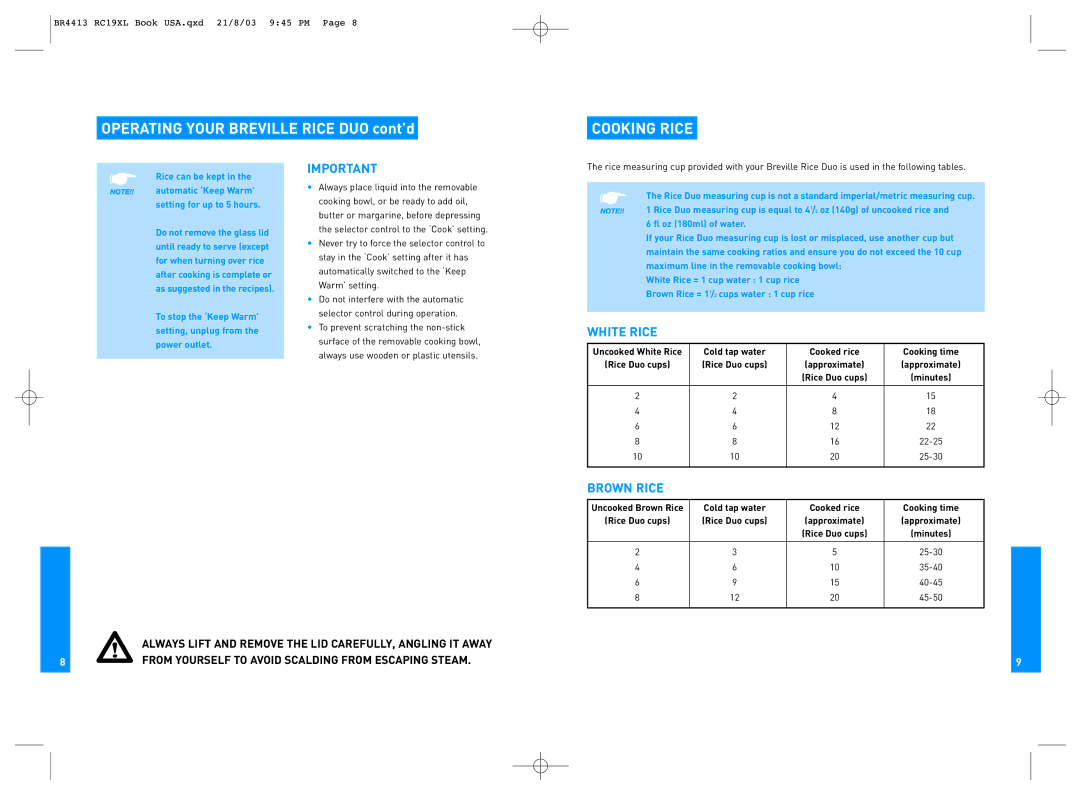 Breville RC19XL manual Operating Your Breville Rice DUO cont’d, Cooking Rice, White Rice, Brown Rice 