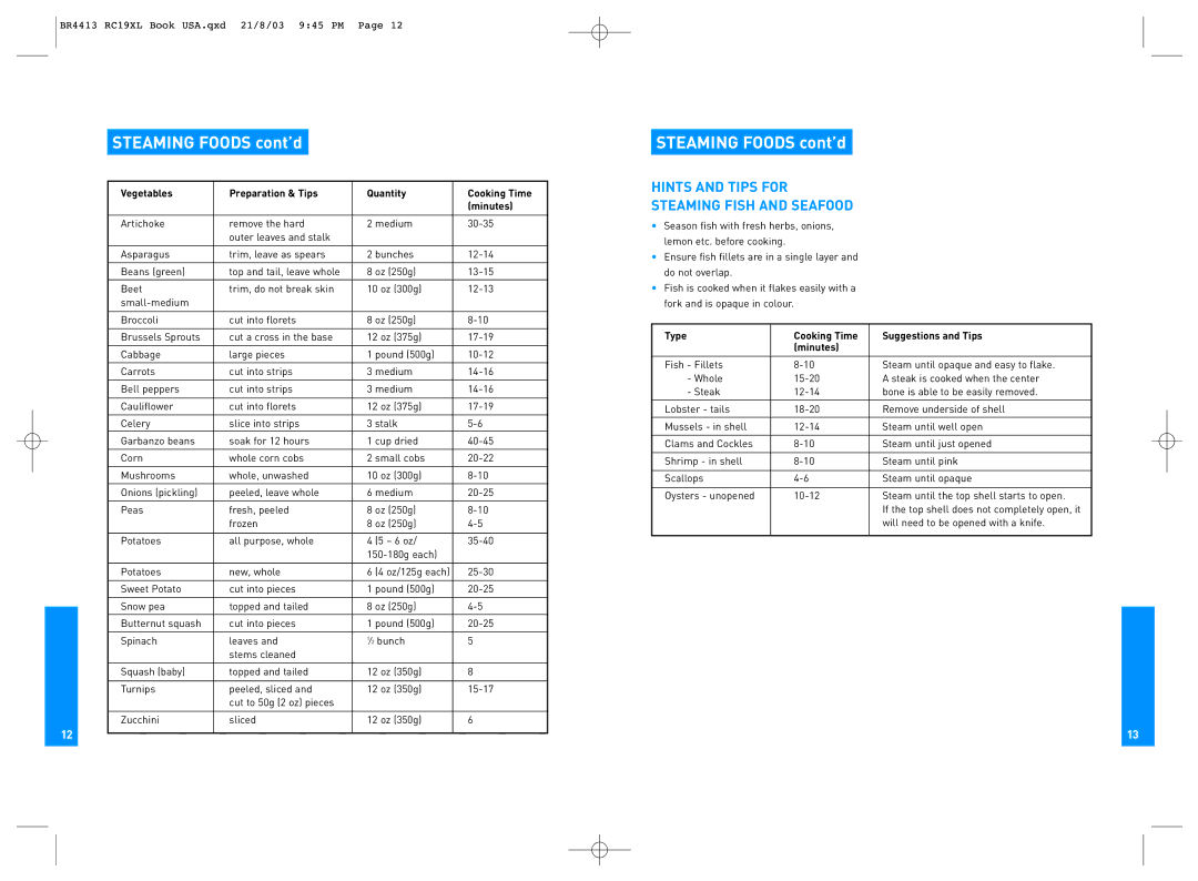 Breville RC19XL manual Steaming Foods cont’d, Hints and Tips for Steaming Fish and Seafood 