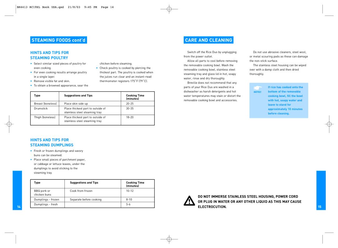 Breville RC19XL manual Care and Cleaning, Hints and Tips for Steaming Poultry, Hints and Tips for Steaming Dumplings 