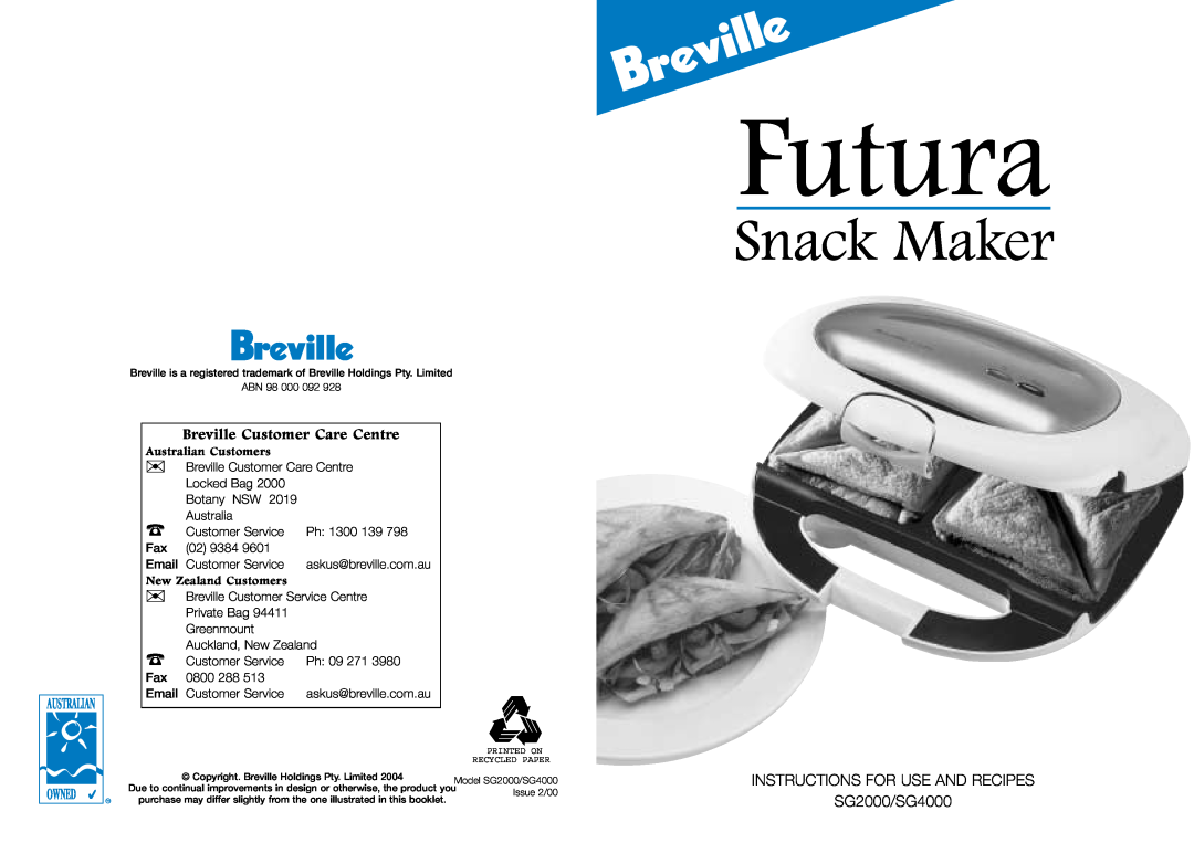 Breville manual Futura, Snack Maker, Breville Customer Care Centre, INSTRUCTIONS FOR USE AND RECIPES SG2000/SG4000 