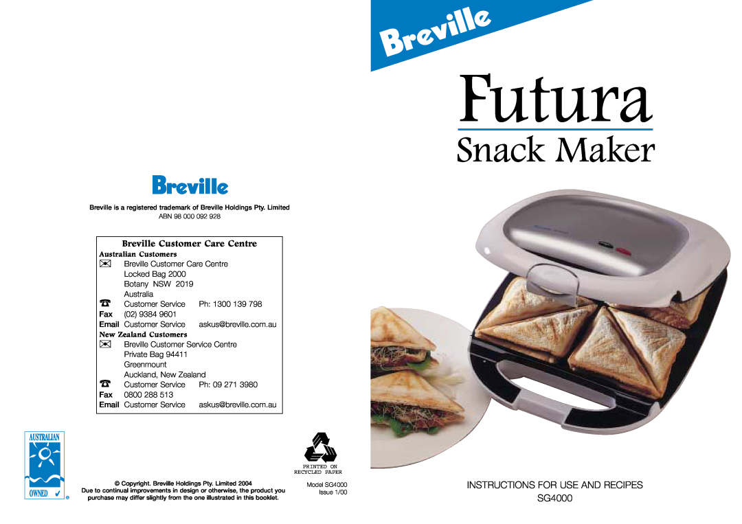 Breville manual Futura, Snack Maker, Breville Customer Care Centre, INSTRUCTIONS FOR USE AND RECIPES SG4000 