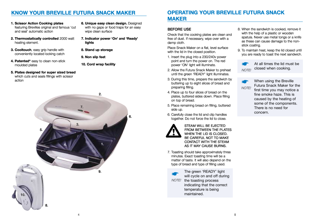 Breville SG4000 manual Know Your Breville Futura Snack Maker, Operating Your Breville Futura Snack Maker, Before Use 