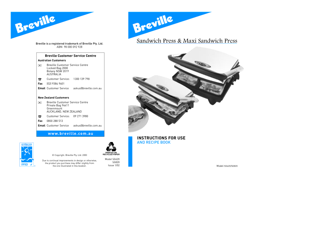 Breville SG820, SG620 manual Sandwich Press & Maxi Sandwich Press 