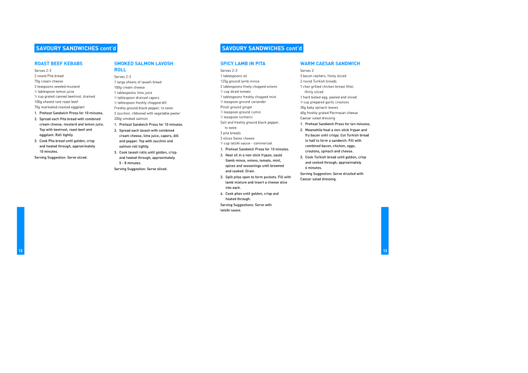 Breville SG820, SG620 manual Roast Beef Kebabs, Smoked Salmon Lavosh Roll, Spicy Lamb in Pita, Warm Caesar Sandwich 