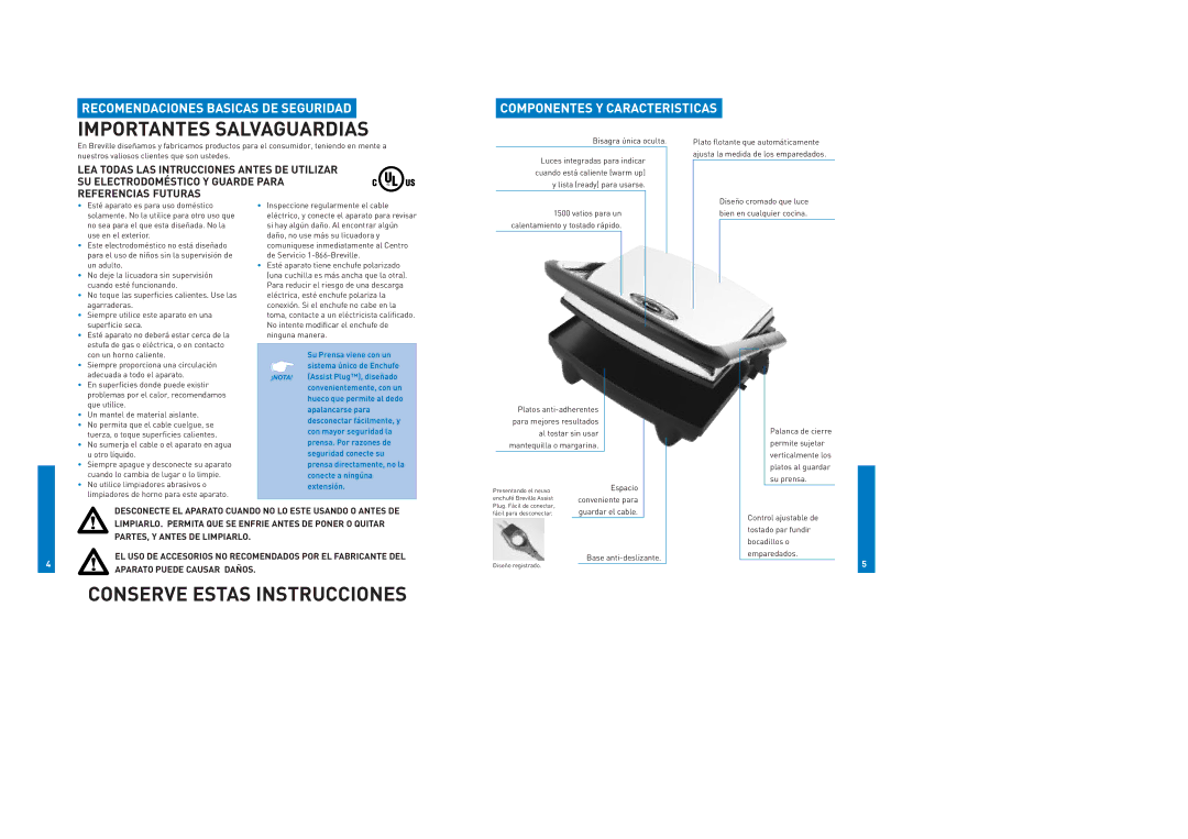 Breville SG820XL, SG620XL manual Recomendaciones Basicas DE Seguridad, Componentes Y Caracteristicas 