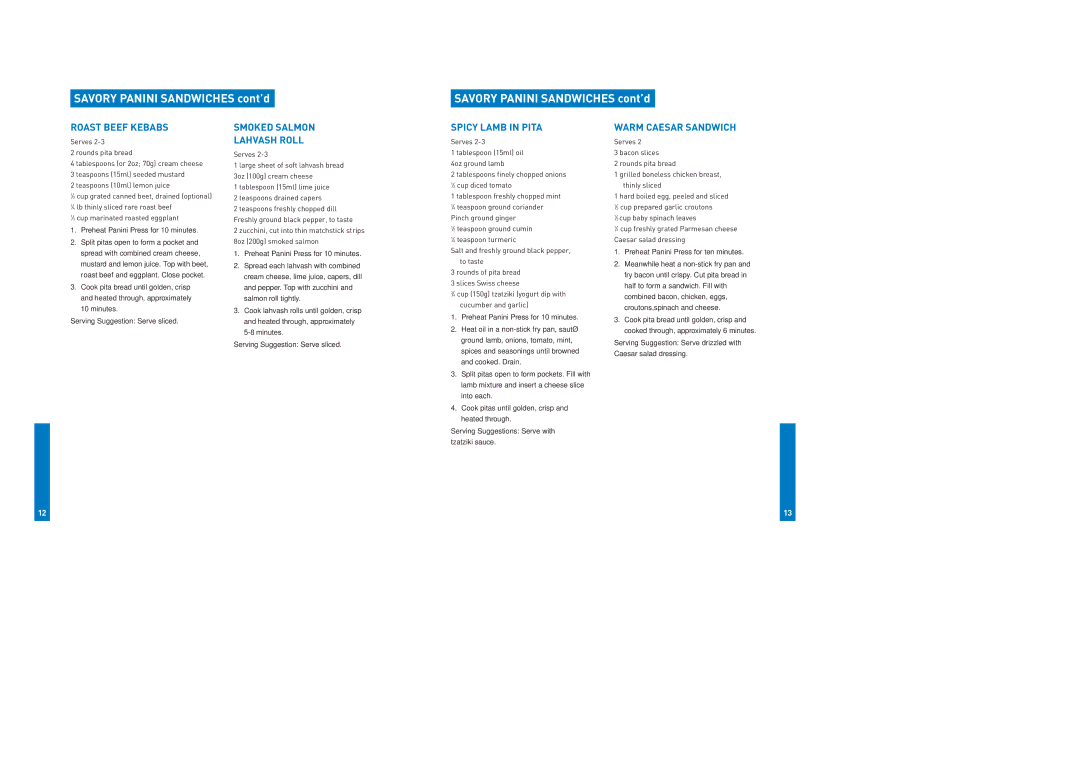 Breville SG820XL, SG620XL manual Roast Beef Kebabs, Smoked Salmon Lahvash Roll, Spicy Lamb in Pita, Warm Caesar Sandwich 