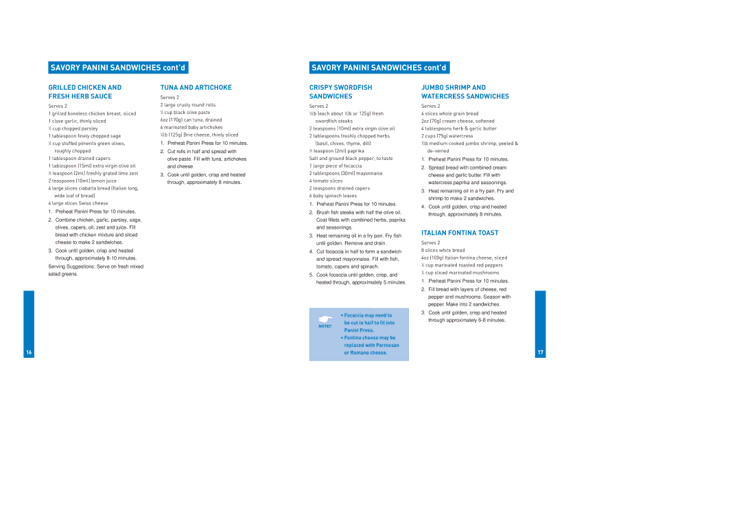 Breville SG820XL, SG620XL manual Tuna and Artichoke, Crispy Swordfish Sandwiches, Italian Fontina Toast 