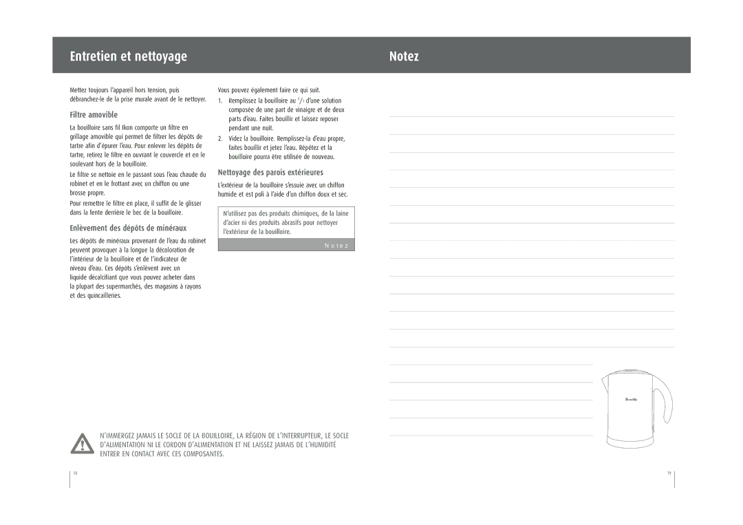 Breville SK500XL manual Entretien et nettoyage, Filtre amovible, Nettoyage des parois extérieures 