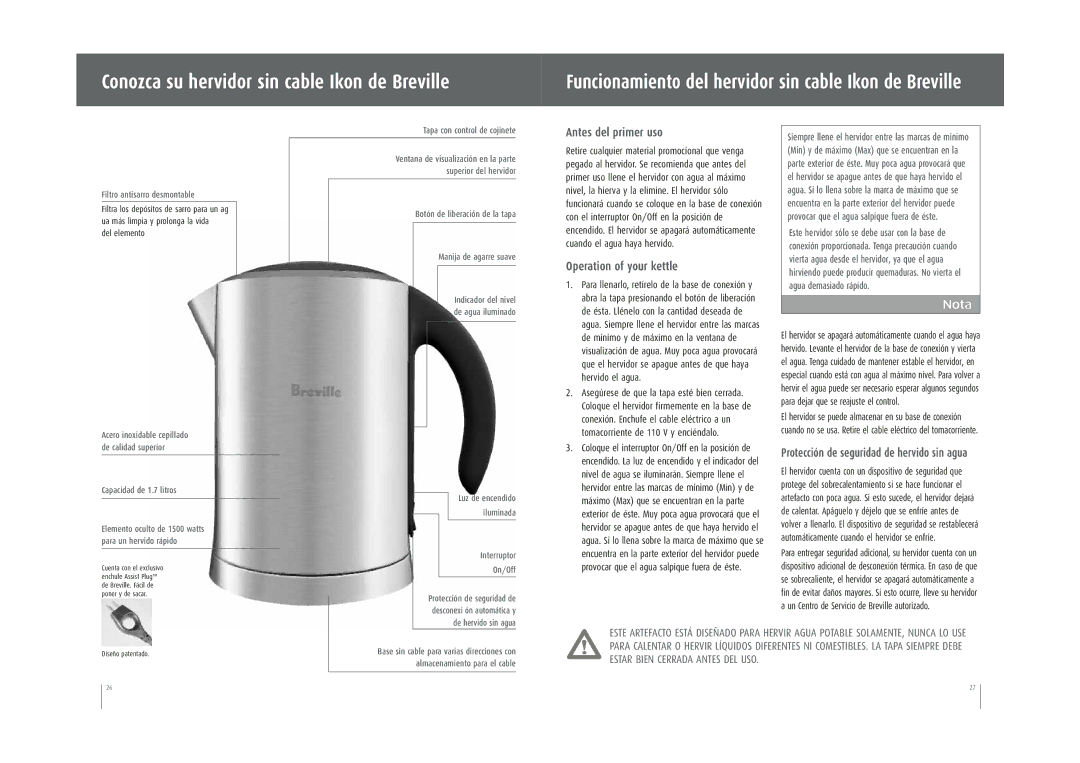 Breville SK500XL manual Conozca su hervidor sin cable Ikon de Breville, Antes del primer uso 