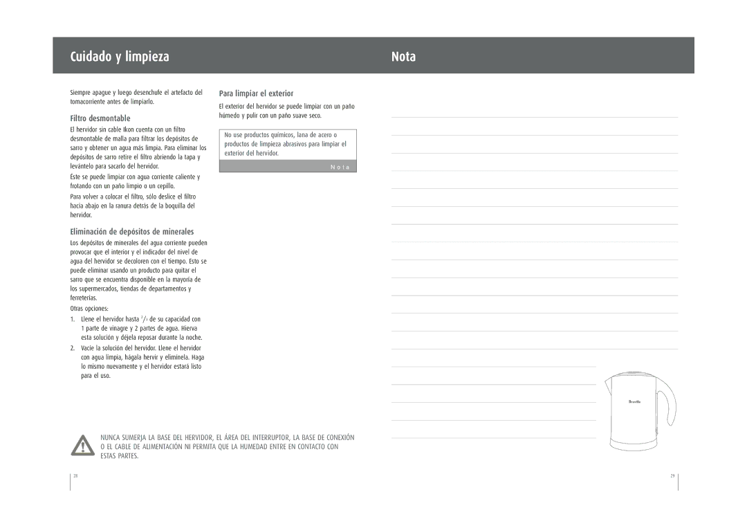 Breville SK500XL manual Cuidado y limpieza Nota, Filtro desmontable, Para limpiar el exterior, Otras opciones 