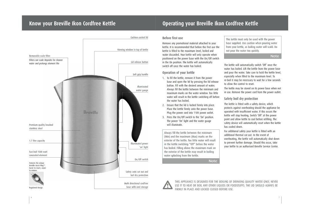 Breville SK500XL manual Before first use, Operation of your kettle, Safety boil dry protection 