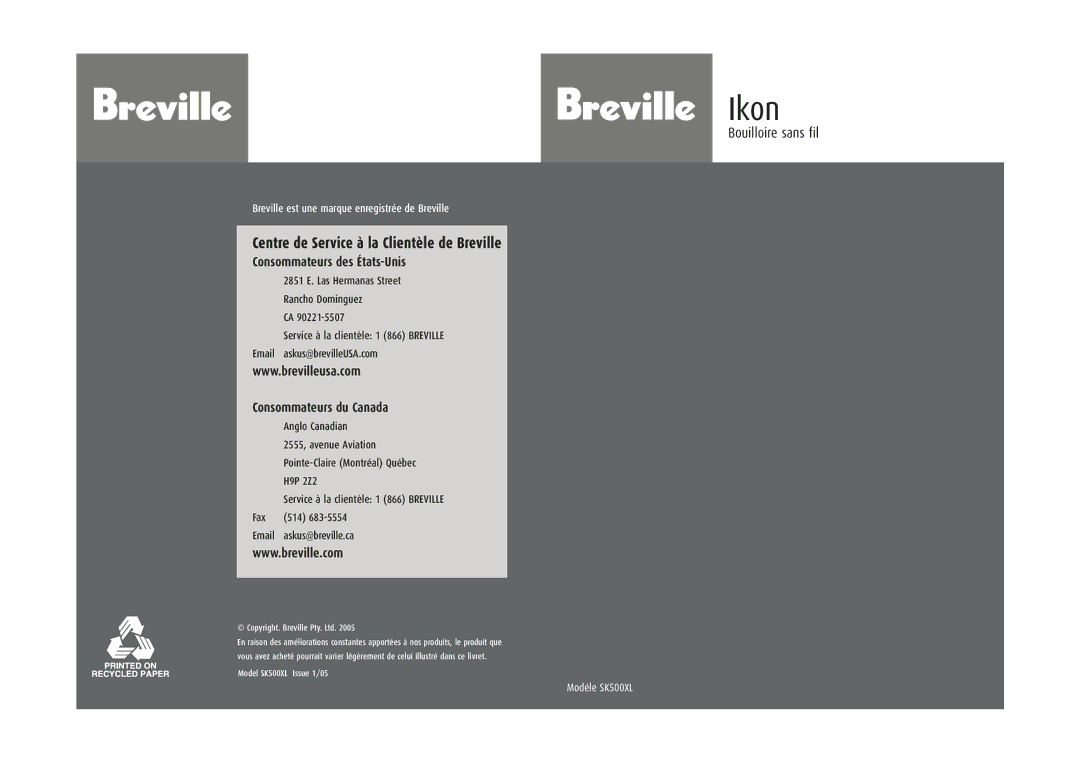 Breville SK500XL manual Centre de Service à la Clientèle de Breville 