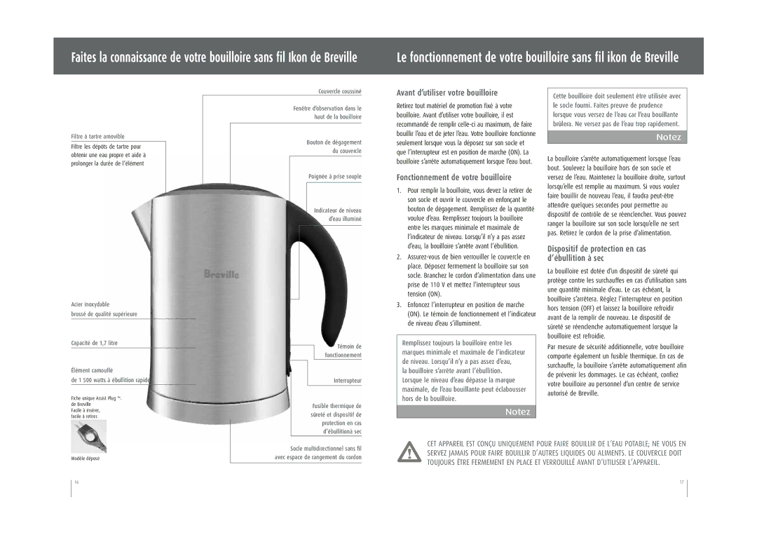 Breville SK500XL manual Avant d’utiliser votre bouilloire, Fonctionnement de votre bouilloire 