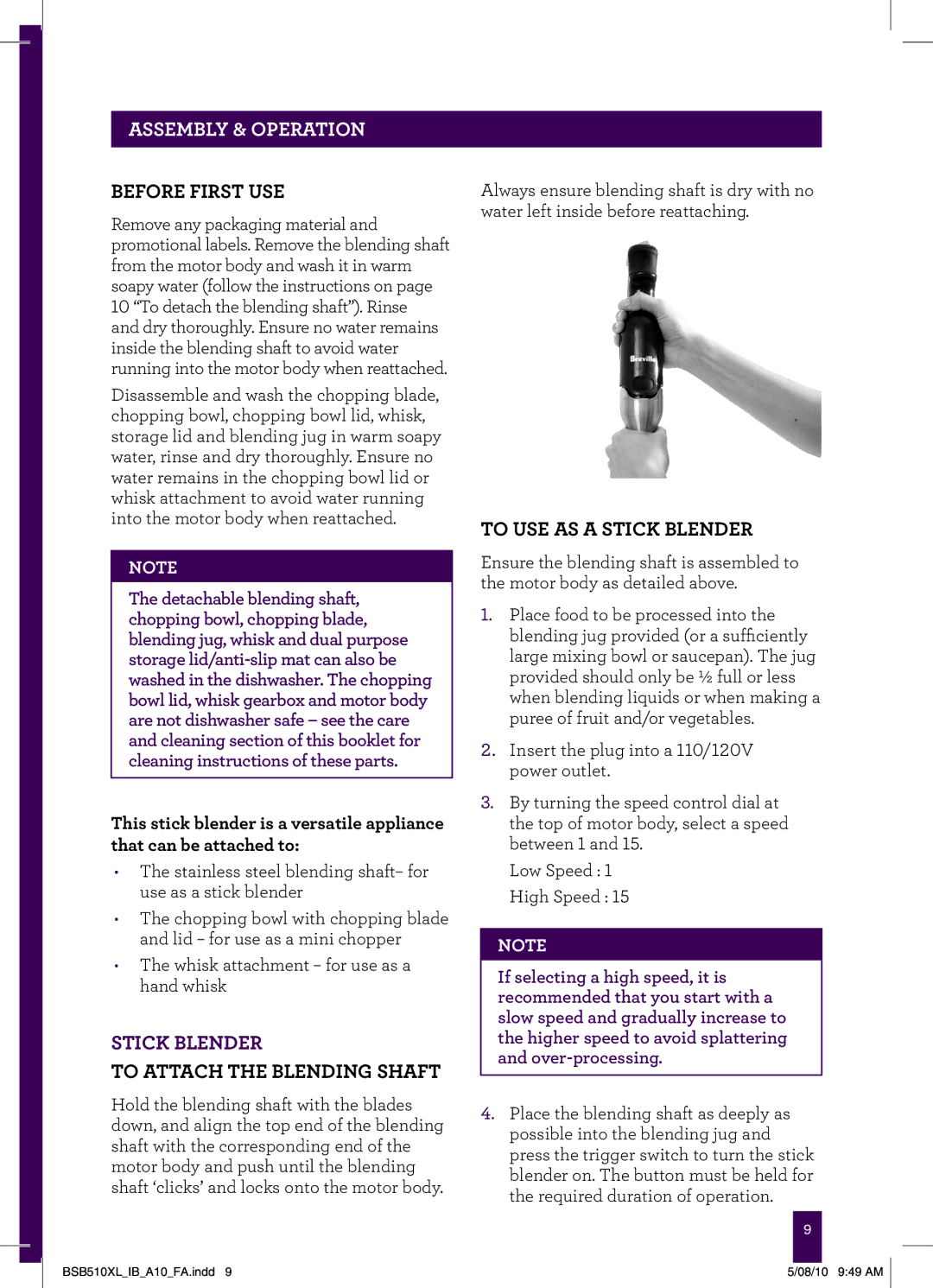 Breville SLV3100 manual Assembly & Operation, Before first use, To attach the blending shaft, To USE AS a Stick Blender 