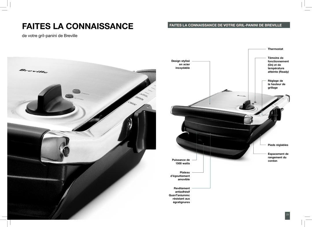 Breville TG425XL manual Faites LA Connaissance, De votre gril-panini de Breville 